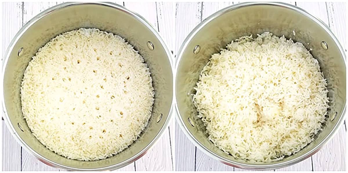 Remove the cooked rice from the stovetop. Fluff the rice with a fork very gently. Cover the pot back with the lid cracked open this time. 
