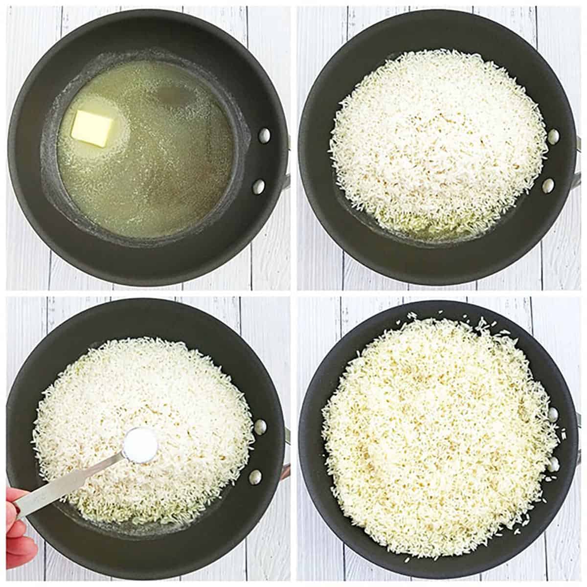 add the well-drained rice, sprinkle some salt, and fry it for 7 minutes, stirring every 30 seconds.