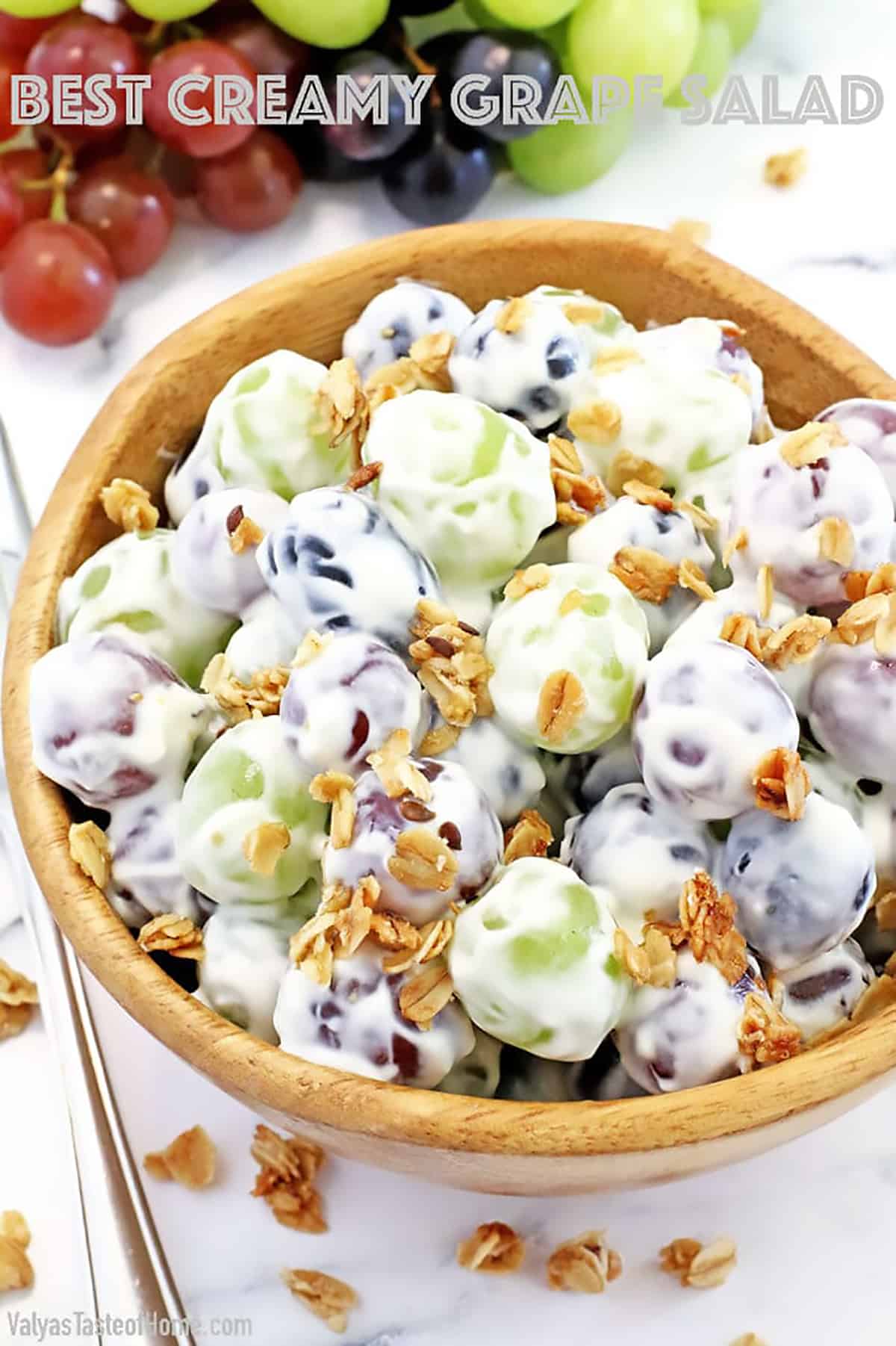 Best Creamy Grape Salad 1 This Best Creamy Grape Salad is a delicious blend of fresh juicy grapes in a creamy vanilla yogurt dressing, and a touch of sweet and sour is a perfect way to sweeten up a picnic, backyard family gathering, or any summer occasion.
