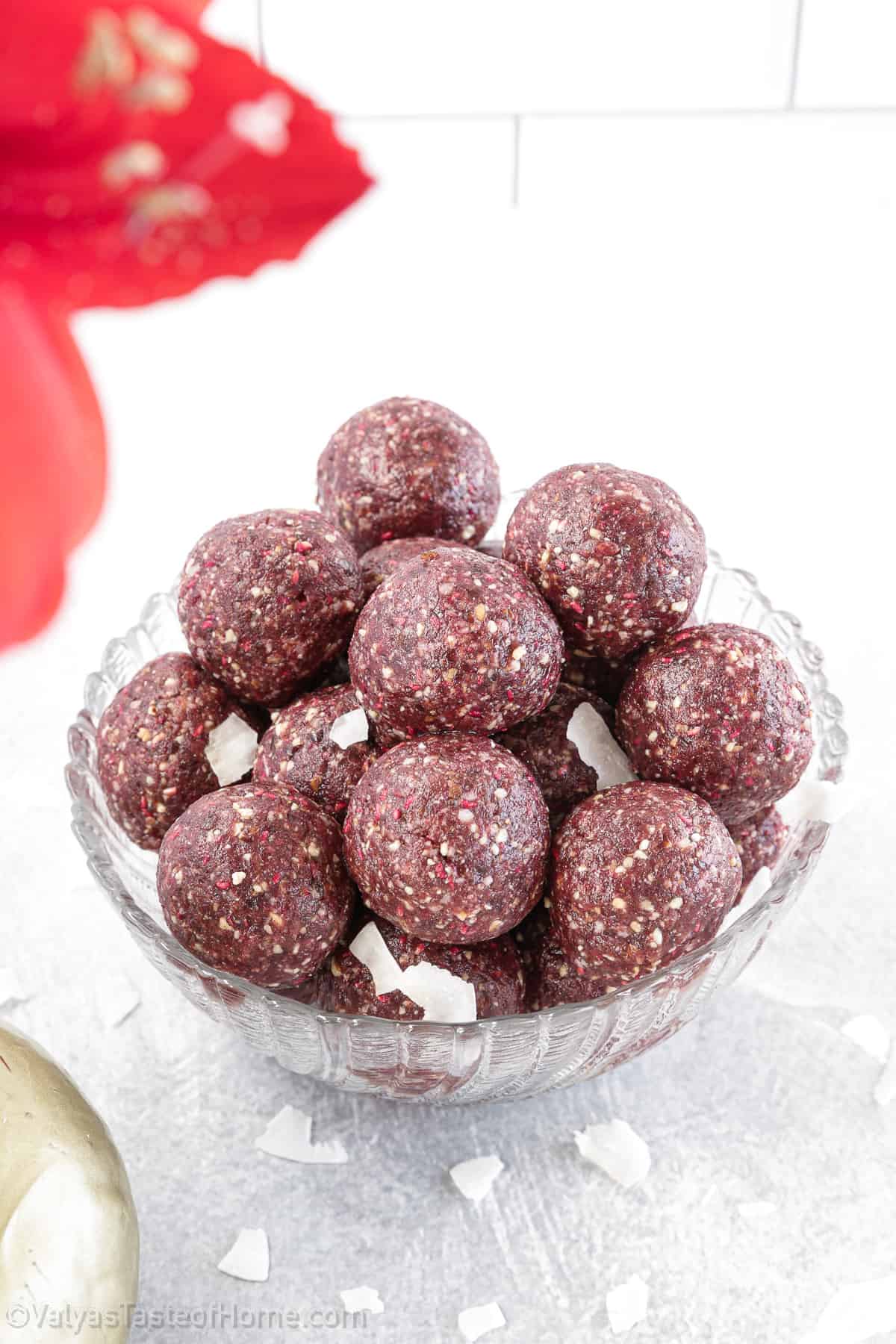 Coconut bites are made with only the most healthy ingredients, including coconut flakes, coconut oil, dates, nuts, and freeze-dried fruit.