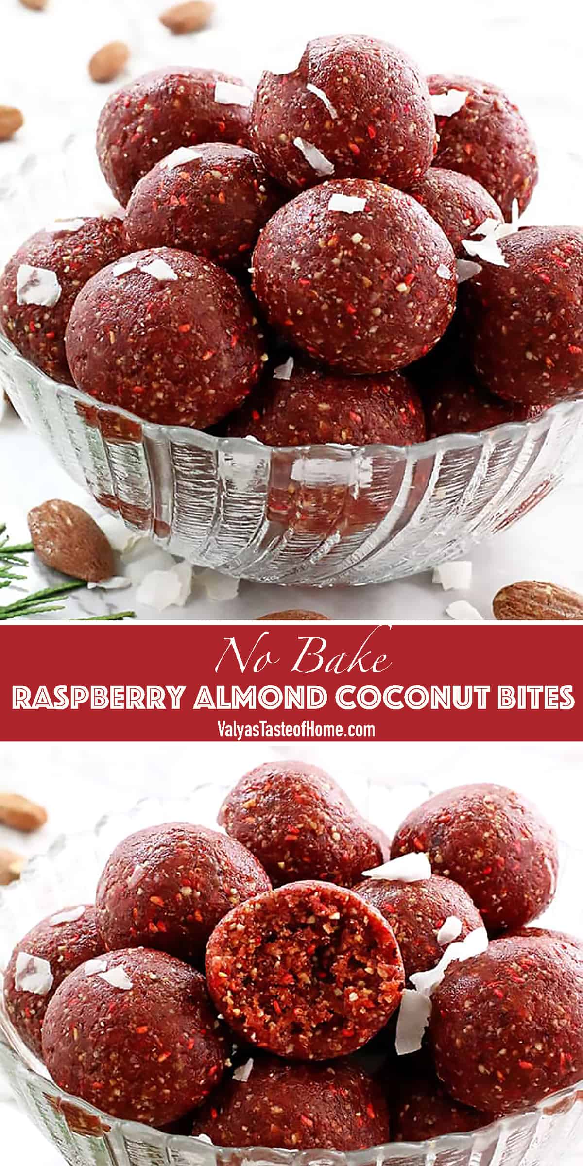 These No Bake Raspberry Almond Coconut Bites will satisfy anyone’s sweet tooth! They are chewy, tasty, loaded with nuts and freeze-dried raspberries that just blend so well together. Therefore, they are a quicker and healthier granola bar. And aren’t they cute, too?