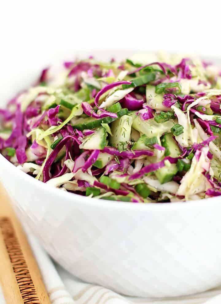 This Red and Green Cabbage Cucumber Salad Recipe is a healthy and colorful way to incorporate more vegetables into your family diet. I certainly try to.