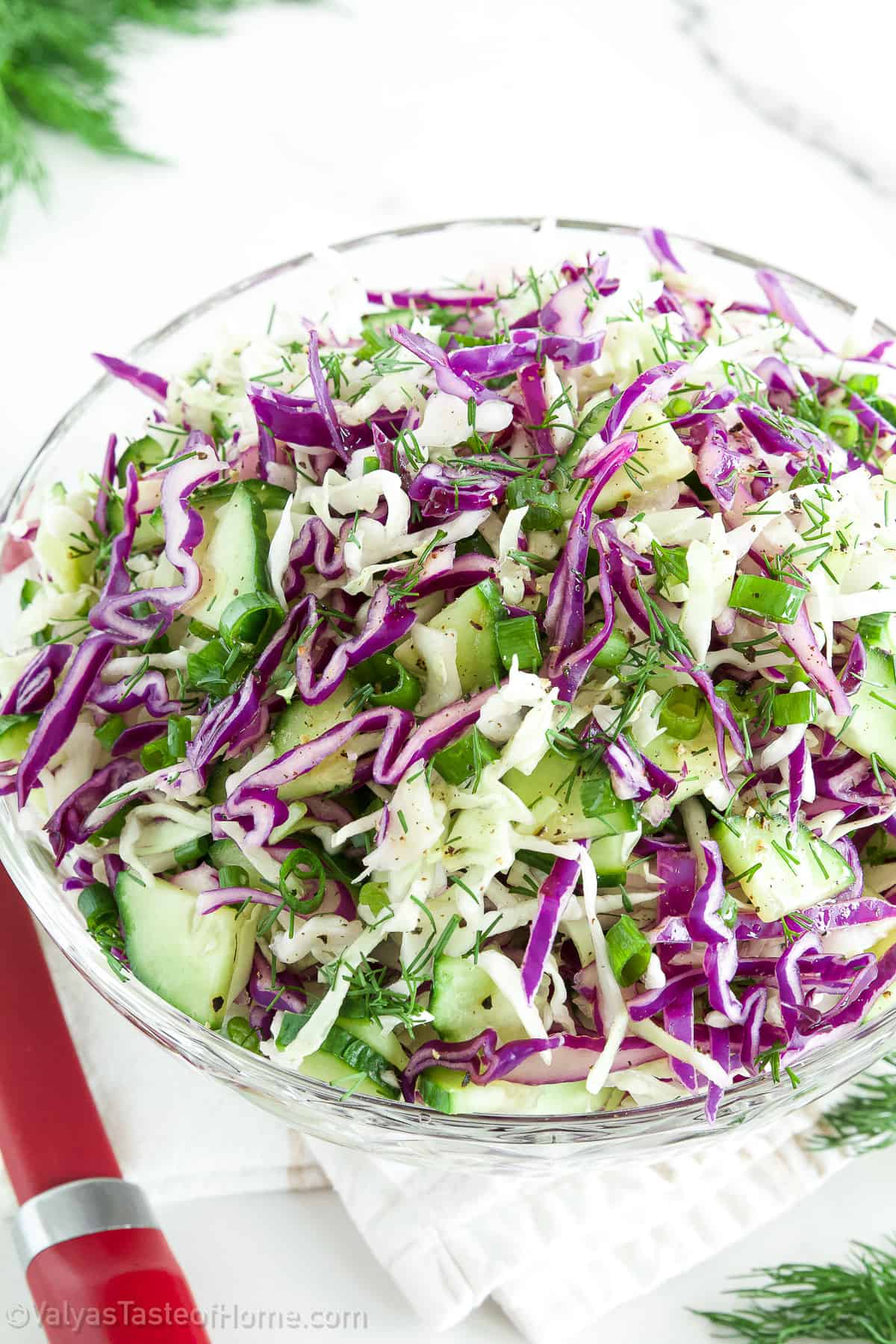 I highly recommend this pretty, colorful, light, crunchy, flavorful, and satisfying salad to be on a rotating dinner salad list in many kitchens.