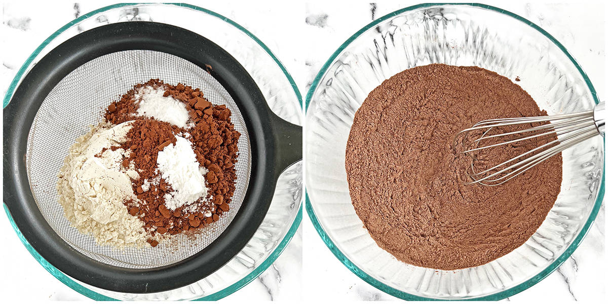 Sifting and combining dry ingredients is important for the cake batter not to have dry flour clumps. Not skipping this step will result in the most fluffy and airy chocolate cake sponge.