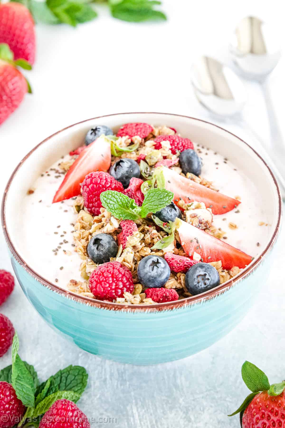Just about anything can go into your Yogurt with Granola! The sky is the limit here so be creative and have fun.