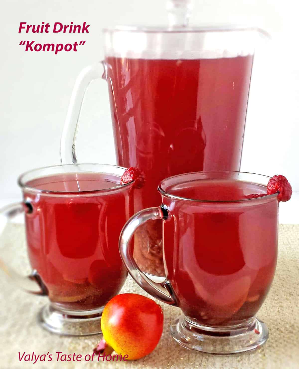 Kompot is made out of dried, frozen, or fresh fruit and can be any flavor depending on the type of fruit you are using. It is very similar to juice but much healthier and tastier. Kids love this drink cold during the summer, and warm during cold winter days. 