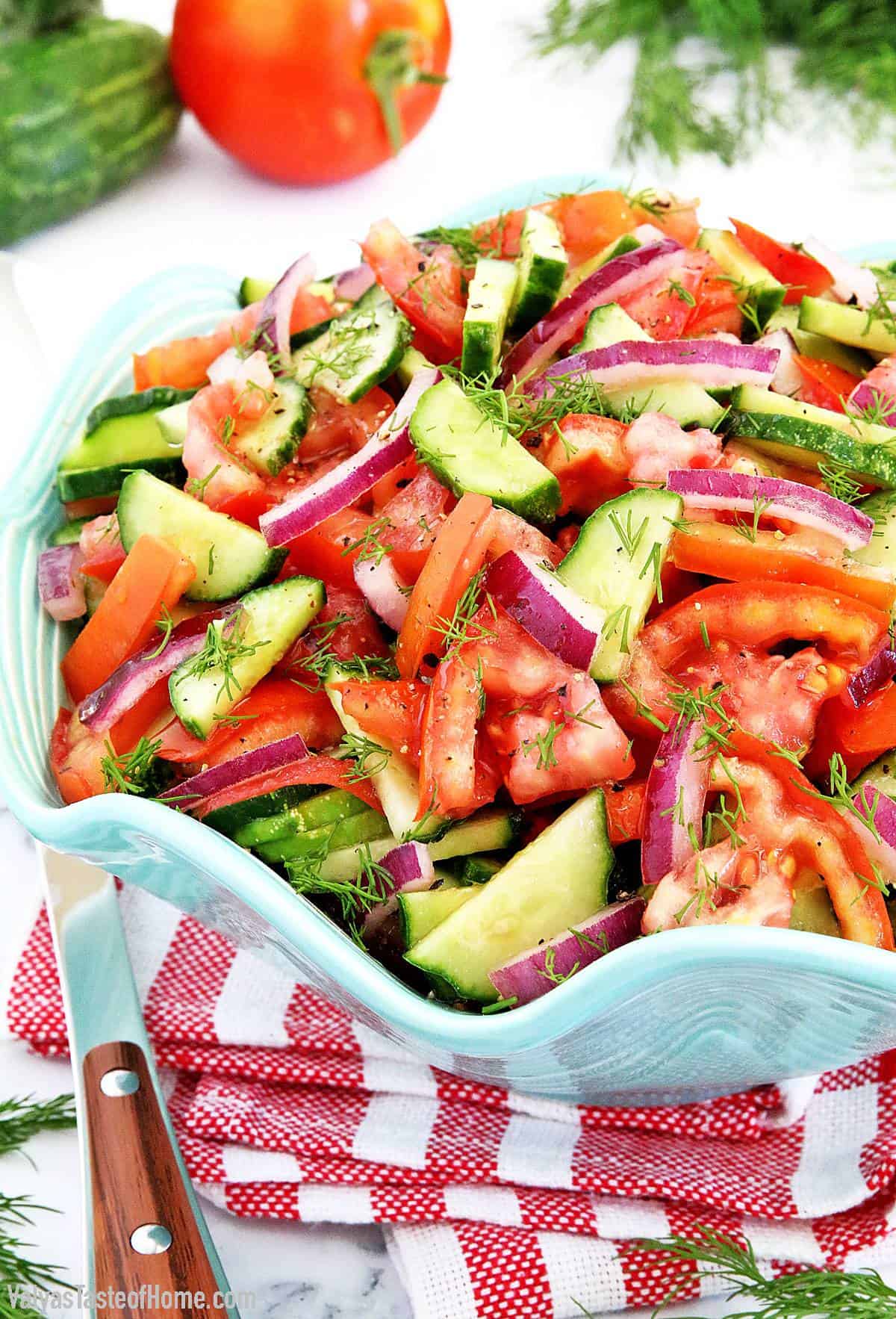 This salad is one of the special 12 Authentic Ukrainian Recipes, because it brings me a lot of my childhood memories. Growing up my parents use to grow a lot of tomatoes and cucumbers in the greenhouses and sell them to the market grocery stores and farmer's markets.