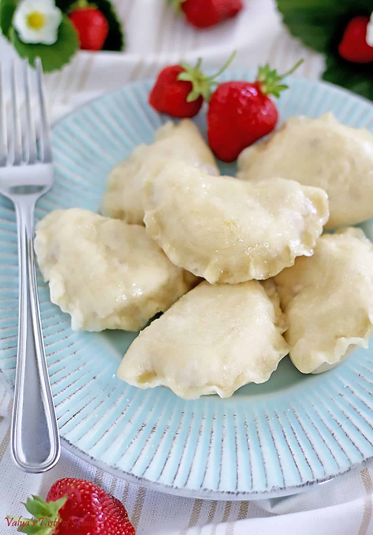 Vareniki are classic Ukrainian dumplings similar to Polish pierogi. The most popular Vareniki staffing is potato drizzled with caramelized onion and loads of fried bacon bits! 