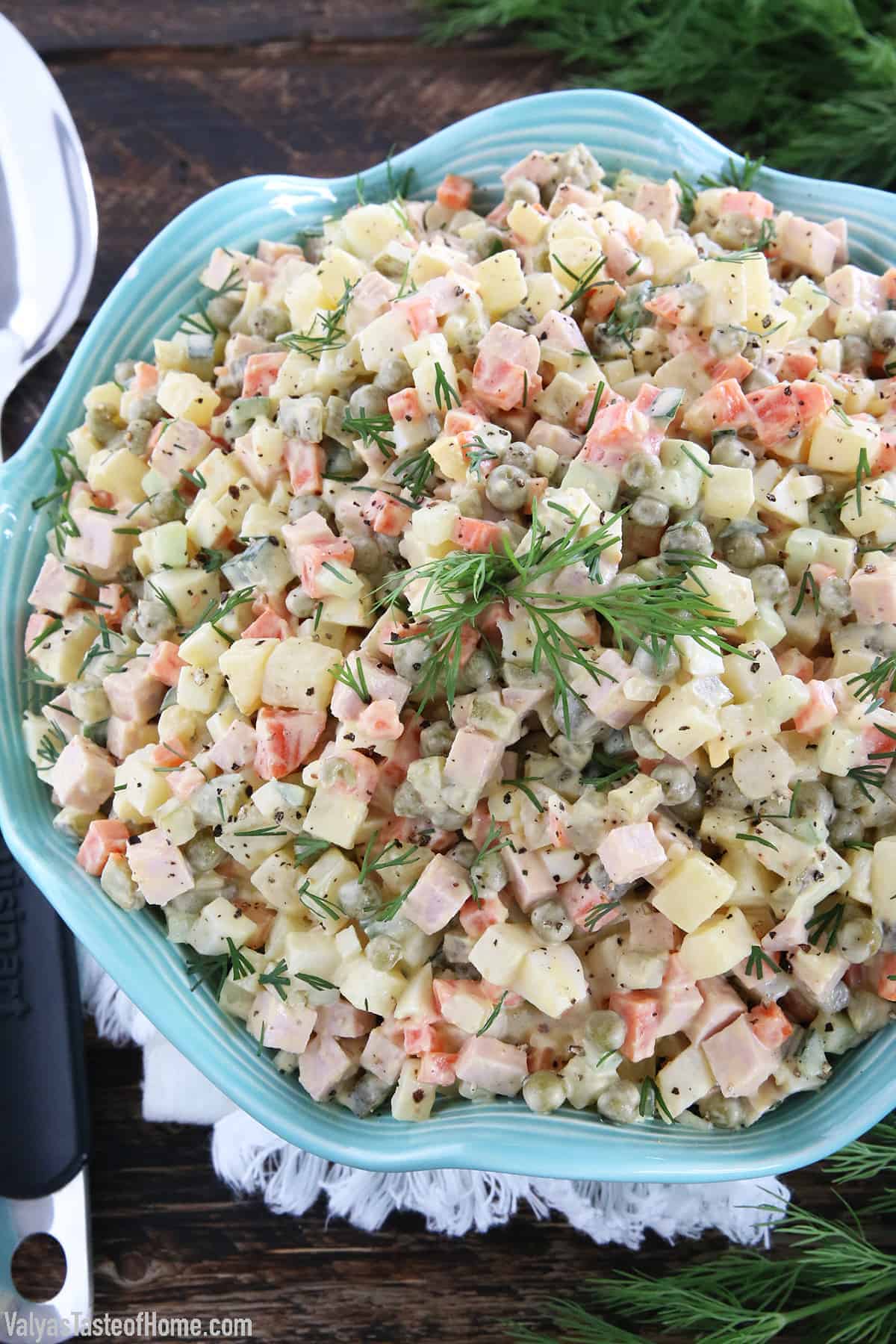 t’s a very popular Ukrainian salad diced from varieties of vegetables and meats. As a child, I was looking forward to some kind of special event or a holiday to get to enjoy this salad.