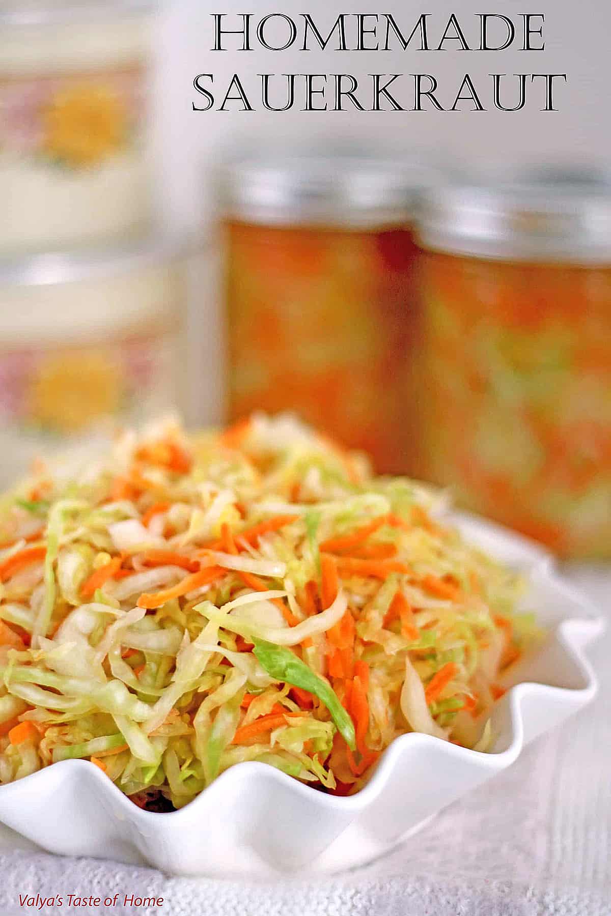 Sauerkraut is made of finely cut fresh cabbage and grated carrots (optional, but my preference) that has been lacto-fermentated. It is super easy to make and tastes way better than any store bough sauerkraut. 