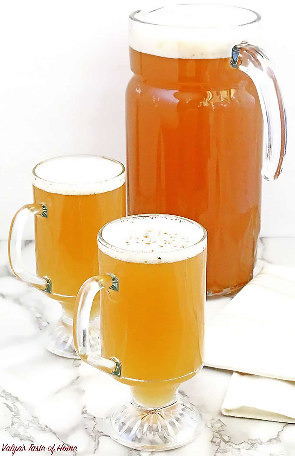 Kvass is a fermented non-alcoholic beverage sometimes compared to kombucha. It is usually made with dried rye bread and yeast. But my version is made of apple juice. It is super tasty and refreshing especially over ice on a hot summer day.