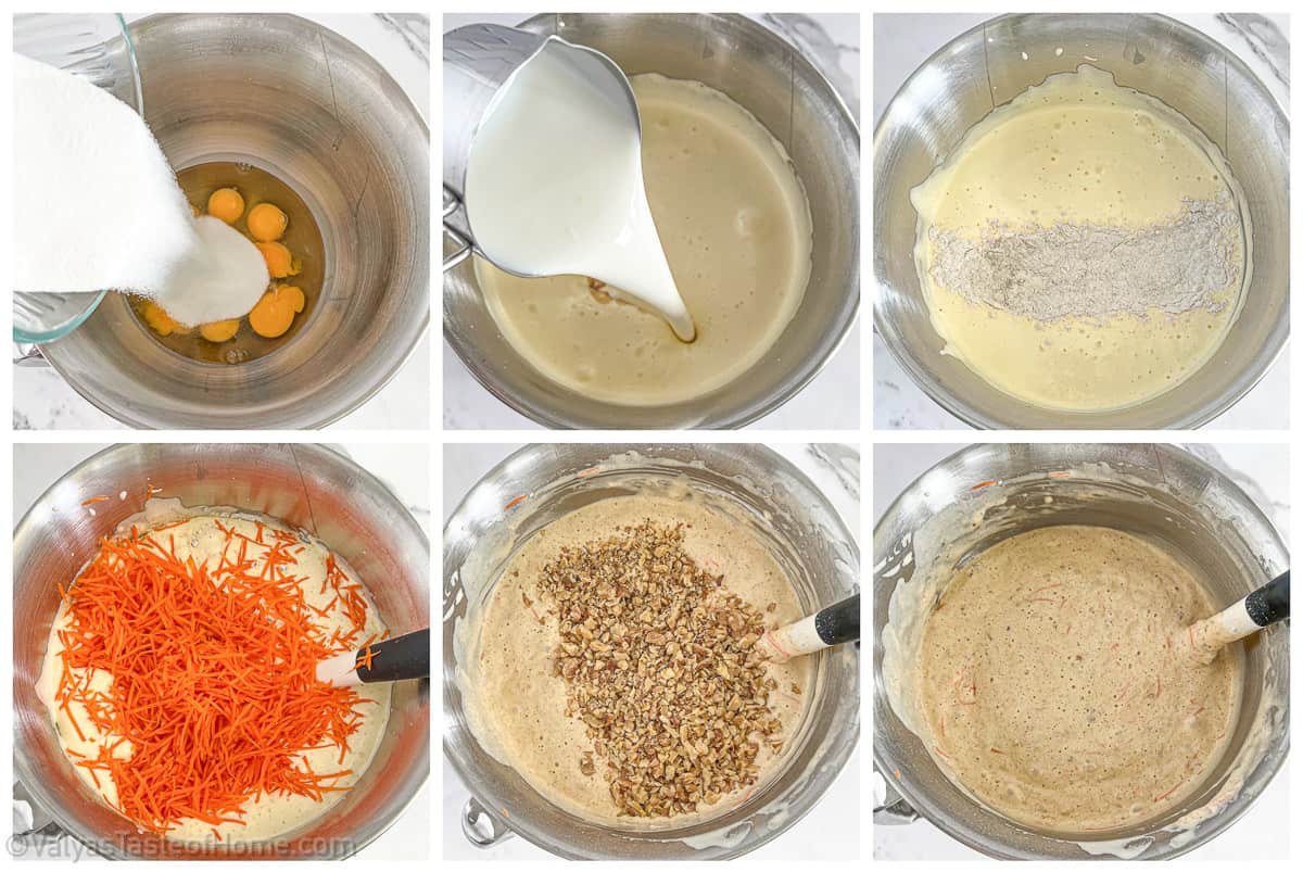 Step-by-step instructions on how to make batter for the Simple Carrot Walnut Cake Recipe