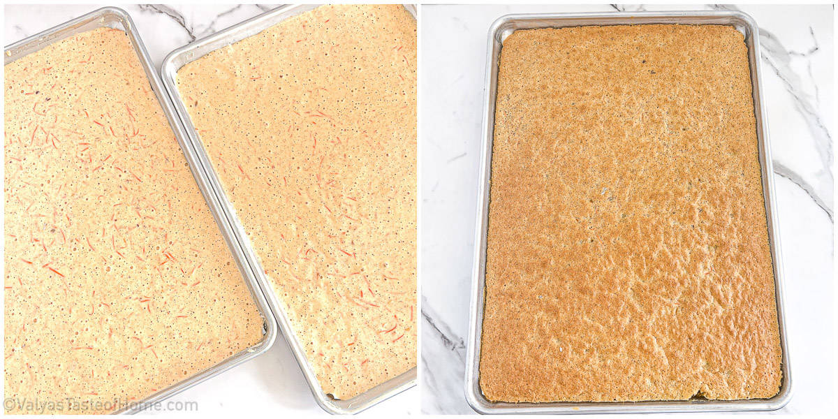 How to bake cake sponges for the Simple Carrot Walnut Cake Recipe. Its important not to over-bake the cake, because it will crack during rolling. 