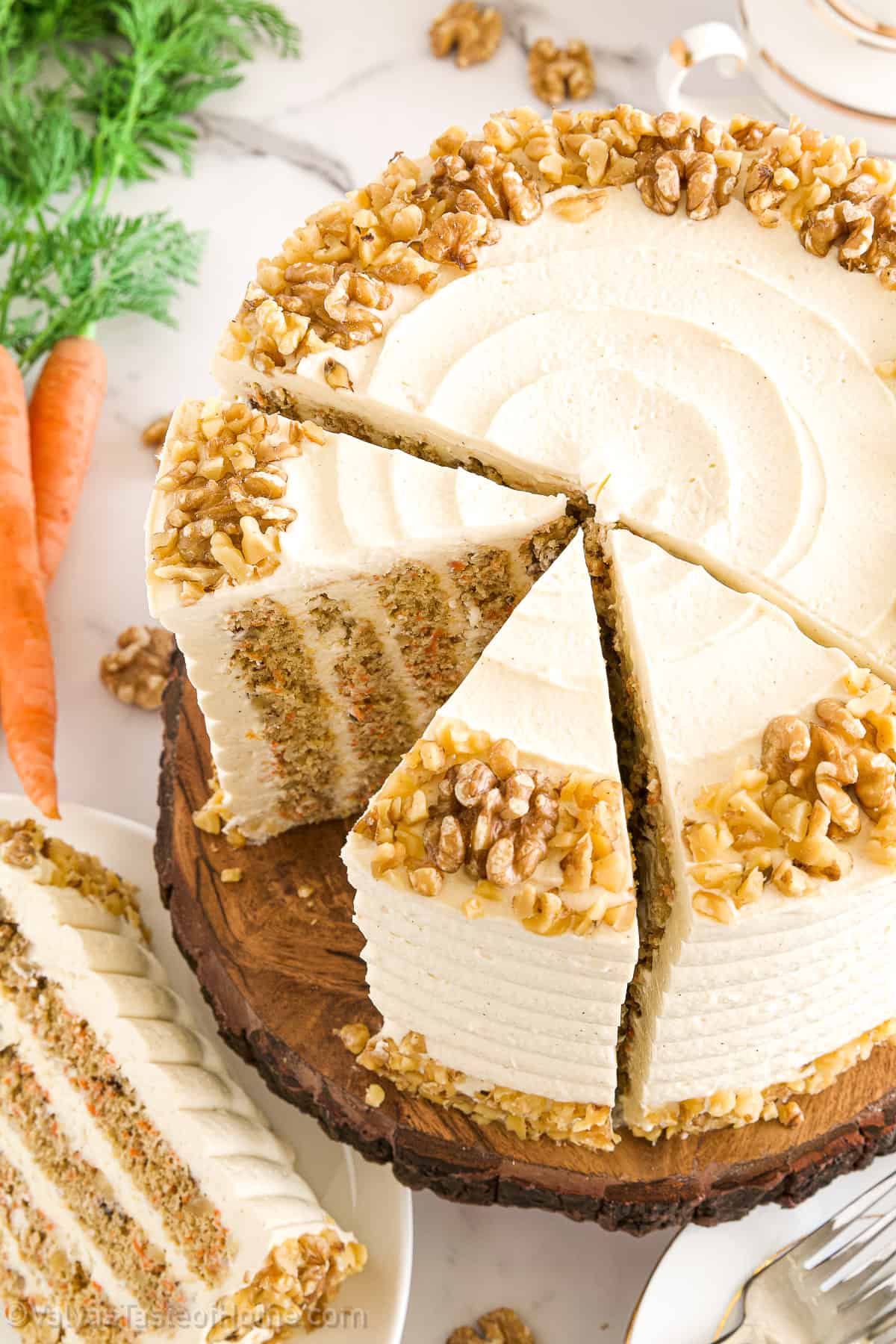 The cake layers are incredibly moist, not as high in calories as your store-bought cake, and super fluffy, with warming spices, loads of carrots, and no vegetable oil used making this cake absolutely irresistible!