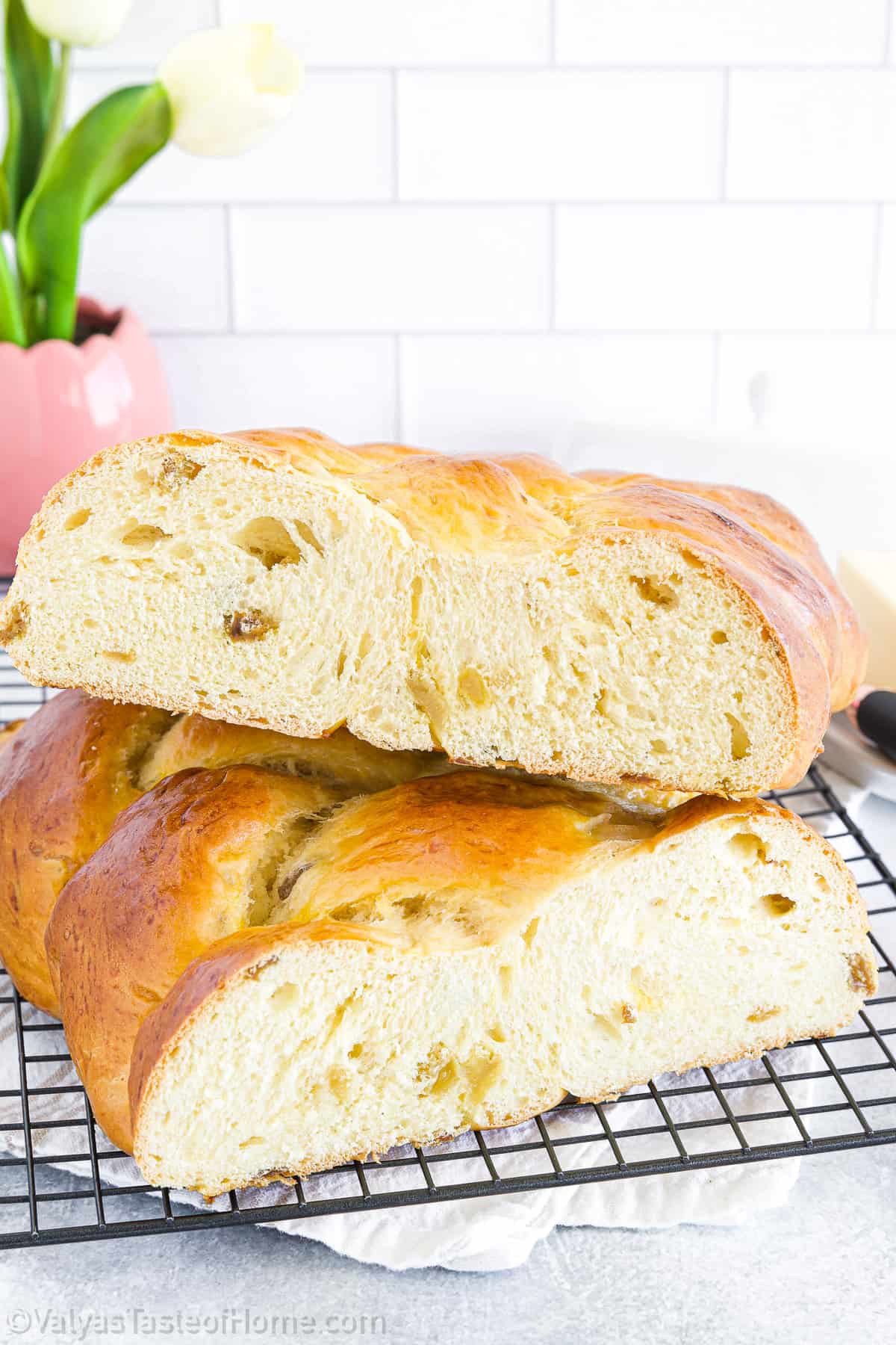 Have this sweet braided bread with a little butter spread and a hot cup of tea or coffee, as we do in our household. The bread itself is soft, moist, and sweet.