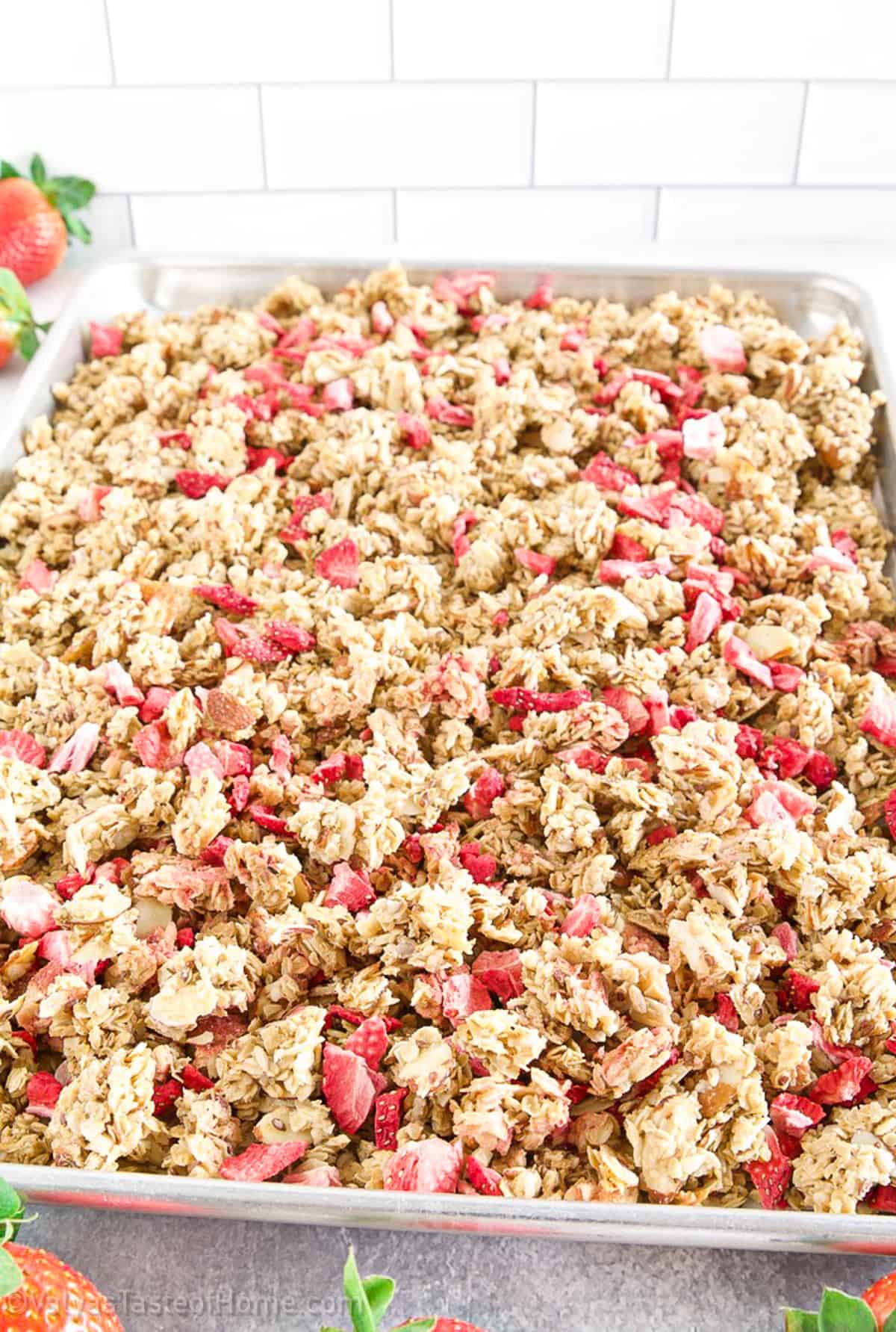 Granola is a type of breakfast cereal made from rolled oats, nuts, and other ingredients like dried fruit or seeds. It is usually sweetened with honey or sugar and baked until it becomes crunchy.