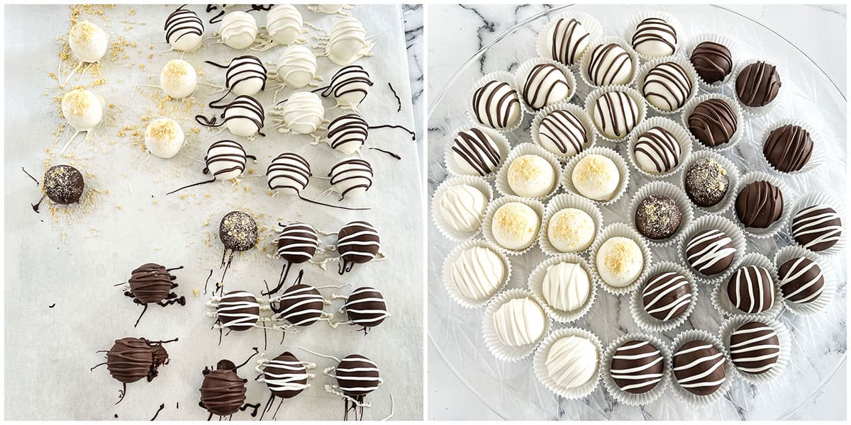 After the chocolate on the truffles is set completely, trim any excess chocolate off the dripping edges using a knife and place the lemon Oreo truffle into a small cupcake liner.