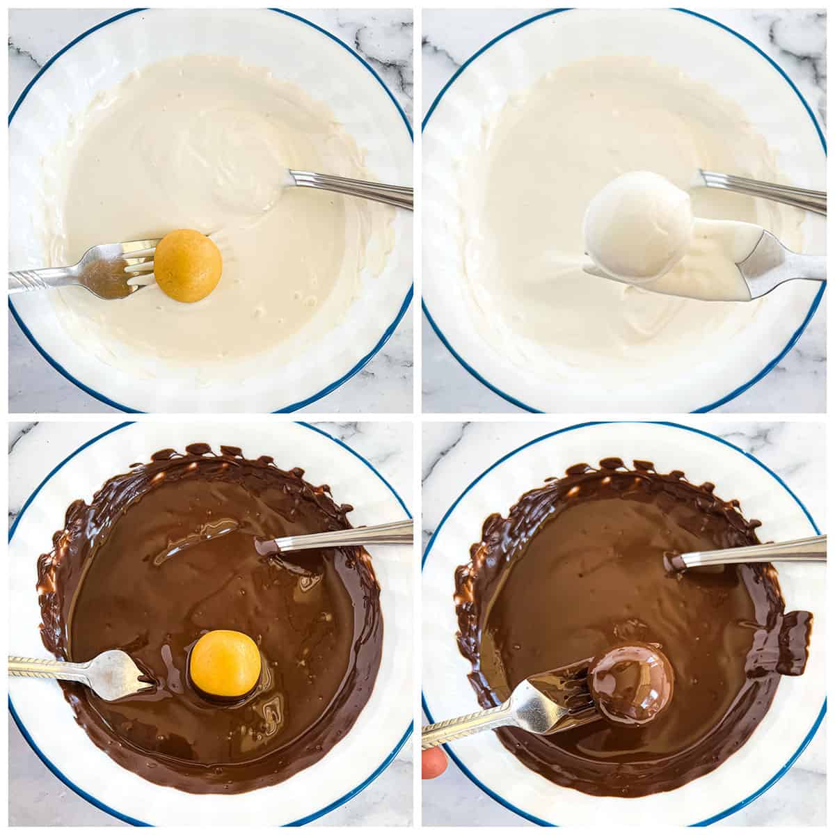 Next, using a fork, dip the lemon Oreo balls into melted chocolate one at a time, ensuring they have a nice coat of chocolate. 