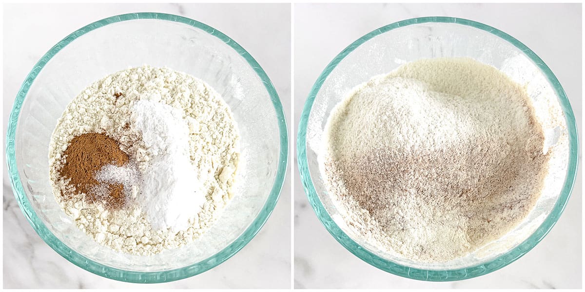 let's begin by combining all the dry ingredients, flour, cinnamon, salt, baking soda, and baking powder, in a small bowl.