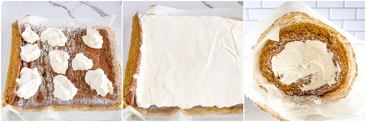 Spread all of the frosting evenly onto the cake, and then re-roll it tightly into a roll using the parchment paper that the roll was baked on.