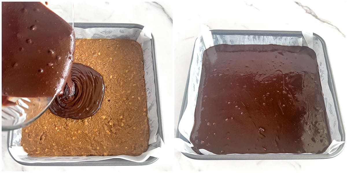 Simply spread the chocolate mixture over the top of the peanut butter layer. 