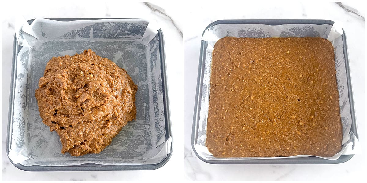 Next, press the peanut butter mixture evenly into the prepared baking pan.