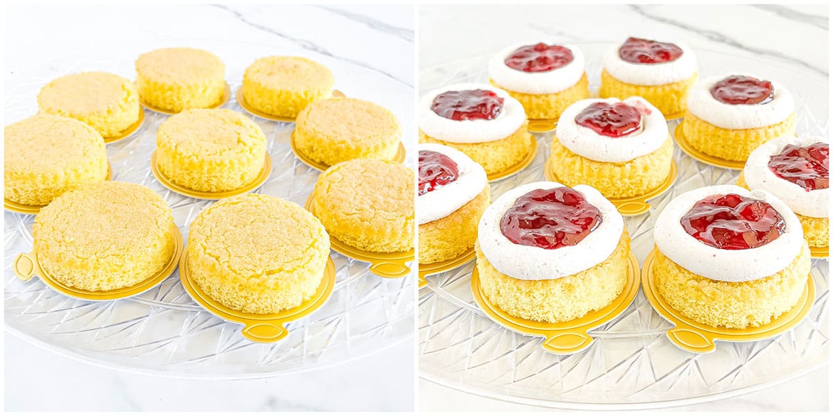 Once the cake sponge has cooled completely, remove it from the cooling rack. Using a round cookie cutter, cut out the circular-shaped mini cakes.