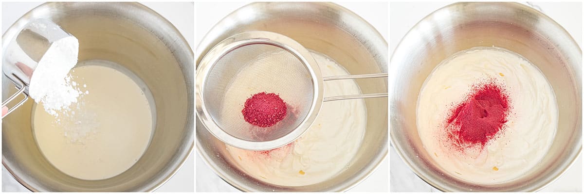 Mix in the desired amount of raspberry powder depending on how sharp you want the color of the frosting to be.