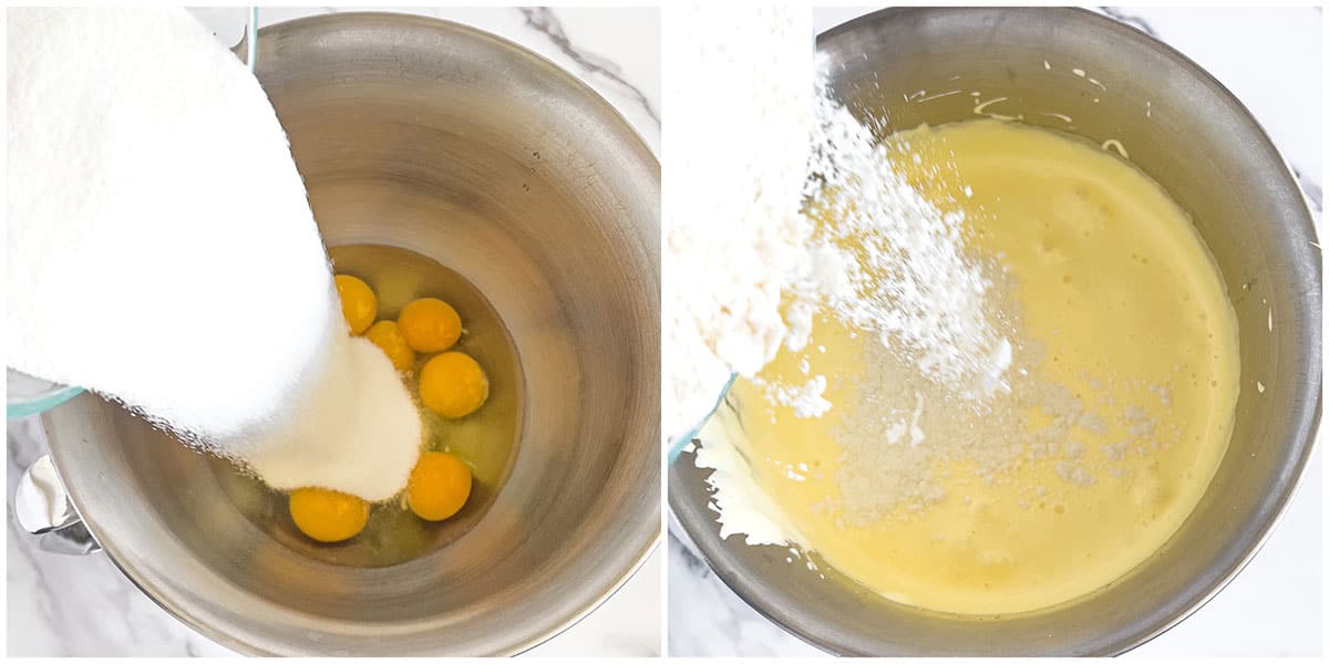 Using a spatula, gently fold in the dry ingredients with each addition trying, not to deflate air pockets as much as possible.