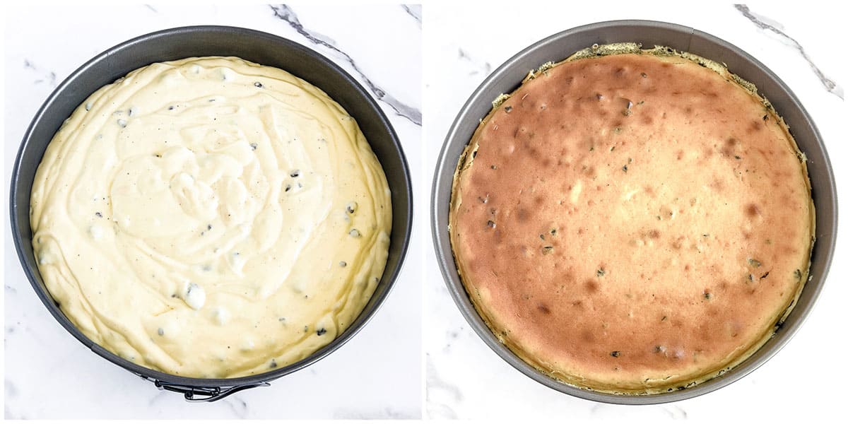 Bake the cheesecake for 1 hour. The cheesecake should be jiggly but not liquid. If it seems very jiggly, then bake for an additional 10-15 minutes.