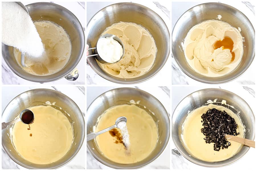 Time to make our cheesecake filling! To do this, start by beating cream cheese and sugar with a stand mixer on medium until combined. Use a mixing spatula to scrape down the mixing bowl a few times while mixing.