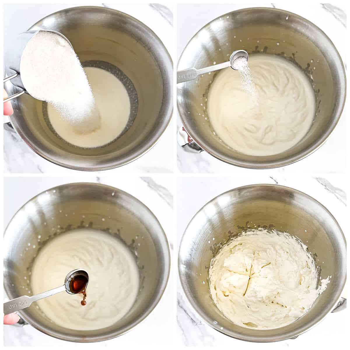 Beat cream and sugar together just until it thickens and the whipped cream starts to form soft peaks. Add sea salt and vanilla extract and beat for a few more seconds. 