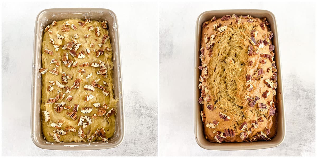Bake the banana pecan loaf in your preheated oven for 50 minutes. Turn the oven off and let the loaf continue to bake for an additional 10 minutes.