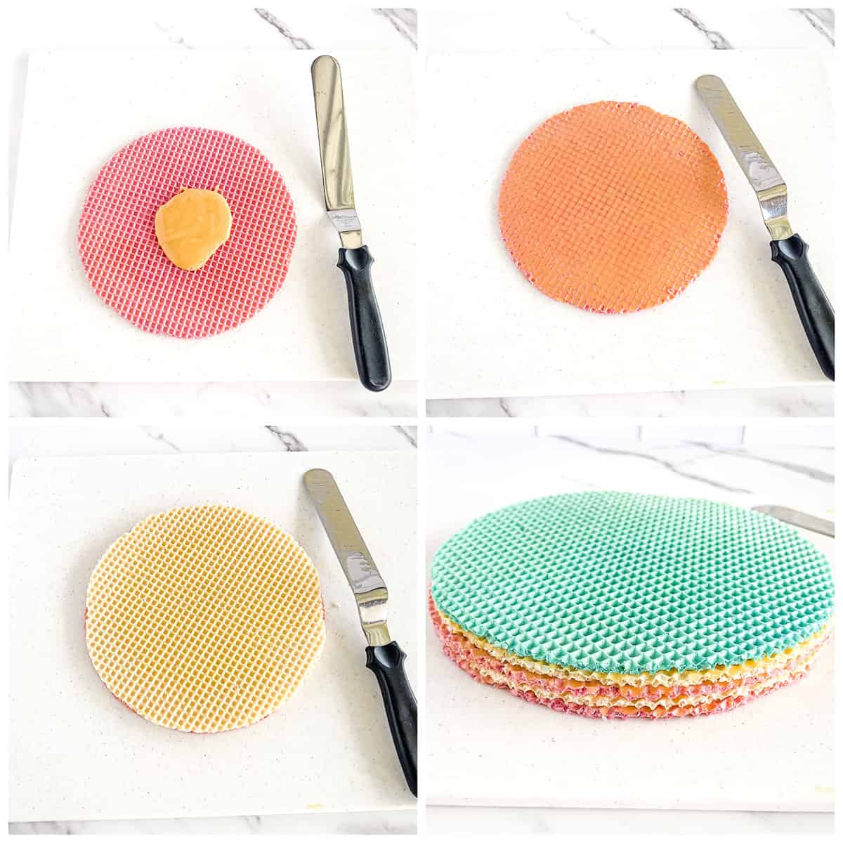 Spread condensed milk on a wafer disc, completely covering it to the edges. Spread condensed milk only on the top side of each wafer disk.
