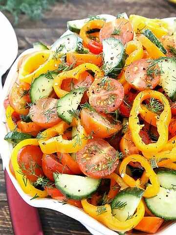 This Sweet Pepper Tomato Cucumber Salad is crunchy, soft, sharp, smooth, aromatic, and savory!