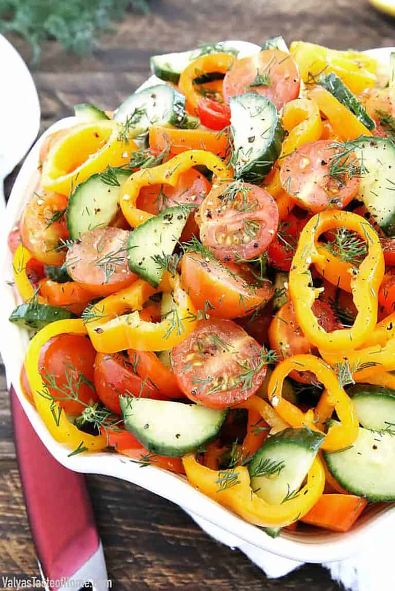 This Sweet Pepper Tomato Cucumber Salad is crunchy, soft, sharp, smooth, aromatic, and savory!