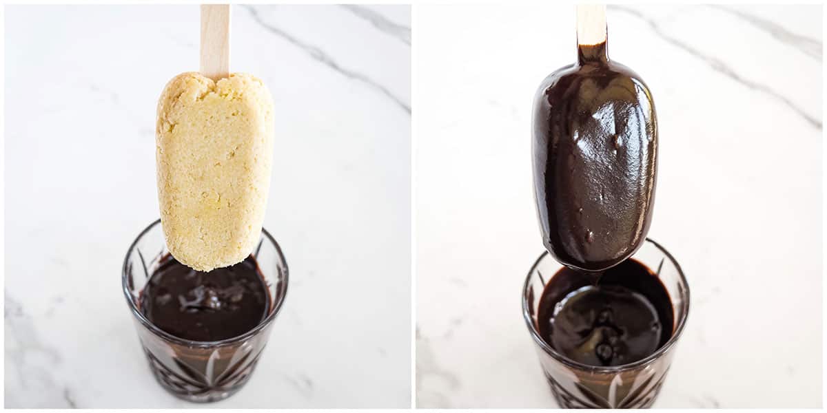 After dipping the cakesicles into melted chocolate, use a spatula to scrape off any excess chocolate.