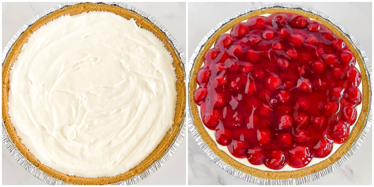 pour a layer of cherries over the cheesecake layer. Be sure to cover it entirely using as many cherries as you prefer.