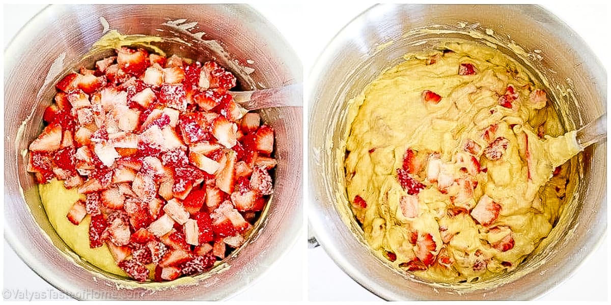 Gently fold the flour-coated strawberries into the batter using a spatula. Be careful not to overmix, as this can result in a dense cake.