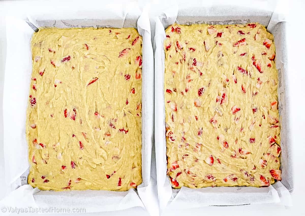 Pour the batter evenly into the pans, spreading it out with a spatula to guarantee an even bake.