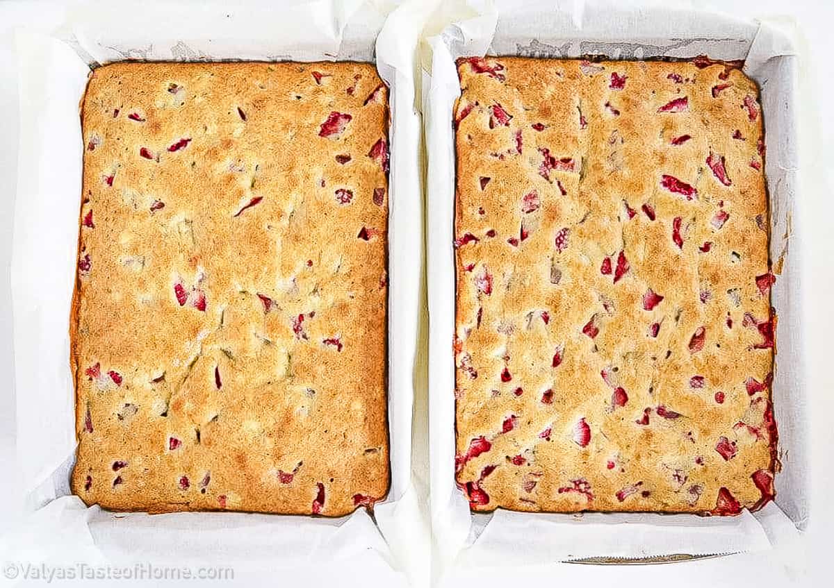 Place both pans into the preheated oven and bake at 350°F for approximately 45 minutes, or until the cakes are golden brown.