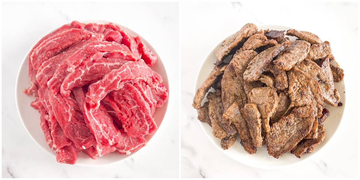 Place a small batch of beef strips into the instant pot and sear them on each side until they are browned.
