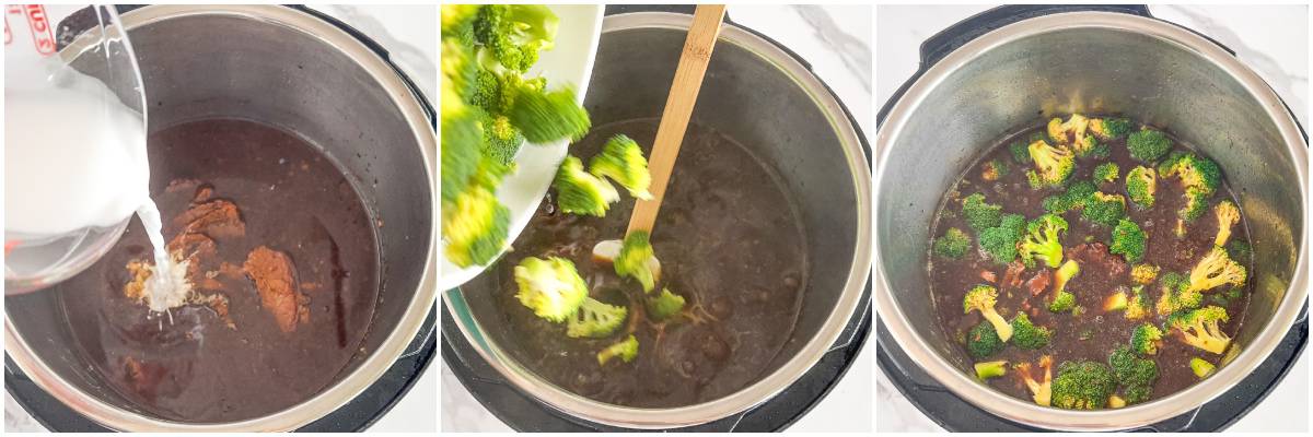 Finally, add the broccoli florets to the Instant Pot and mix everything once more. Close the instant pot lid and let the dish rest for 10 minutes.