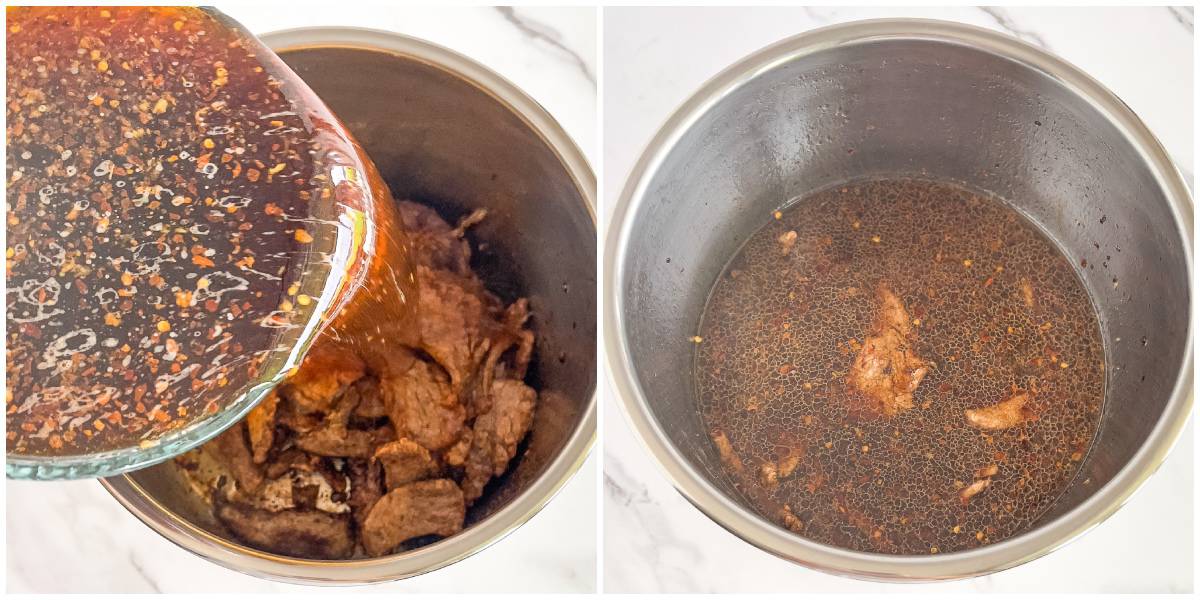 For cooking the dish, begin by pouring the prepared sauce over the meat in the instant pot and stir everything together. Make sure that the meat is coated evenly.