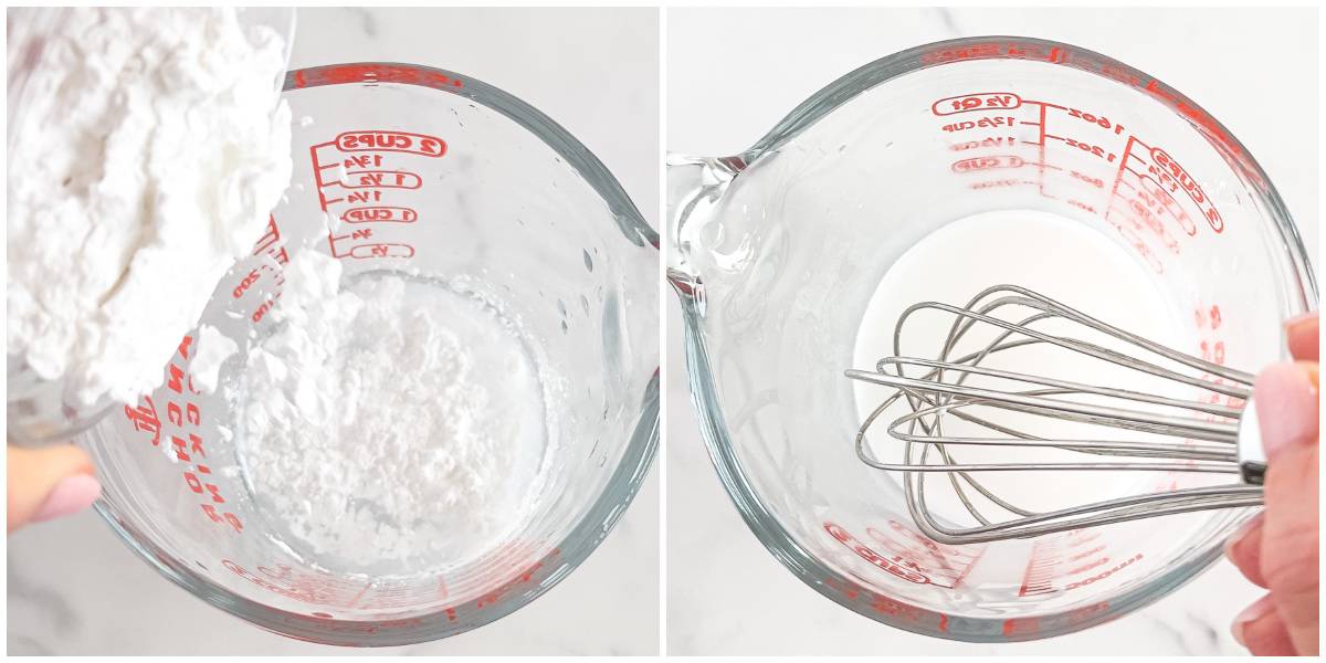 While the pressure is being released, prepare a starch mixture by mixing ¼ cup of water with either potato or cornstarch. This will help to thicken the sauce.