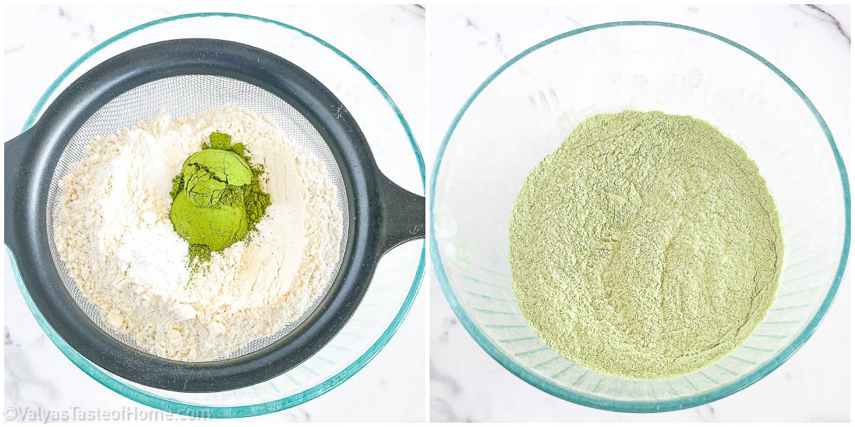 In a medium bowl, whisk together the flour, two tablespoons matcha powder, baking soda, baking powder, and sea salt.