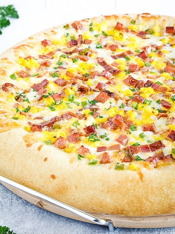 It combines everything you love about bacon, ham, and egg with the flavors of pizza for the most delicious combo ever!