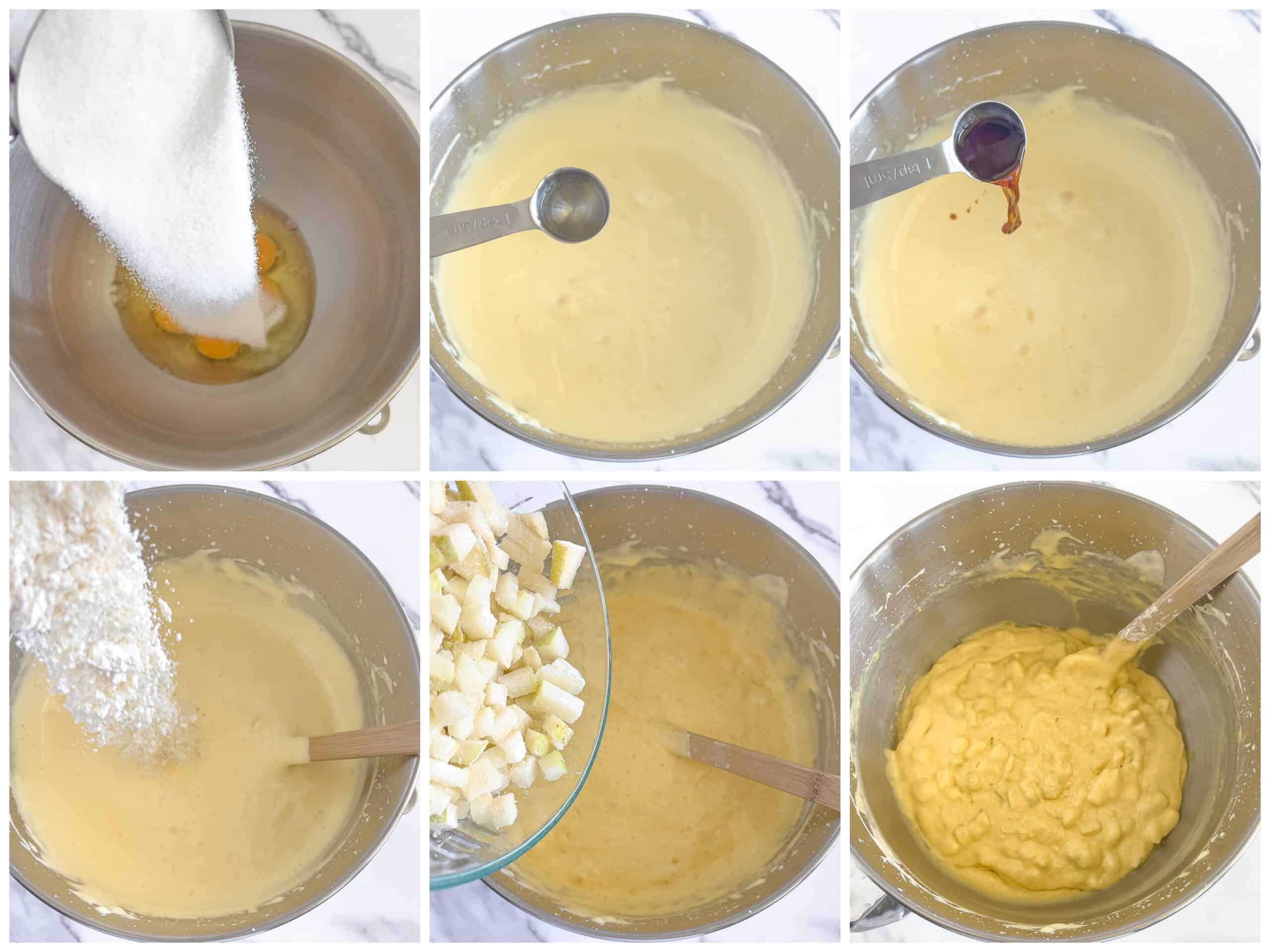 Add the flour mixture to the egg mixture in three parts, gently folding in the flour with a silicon spatula.