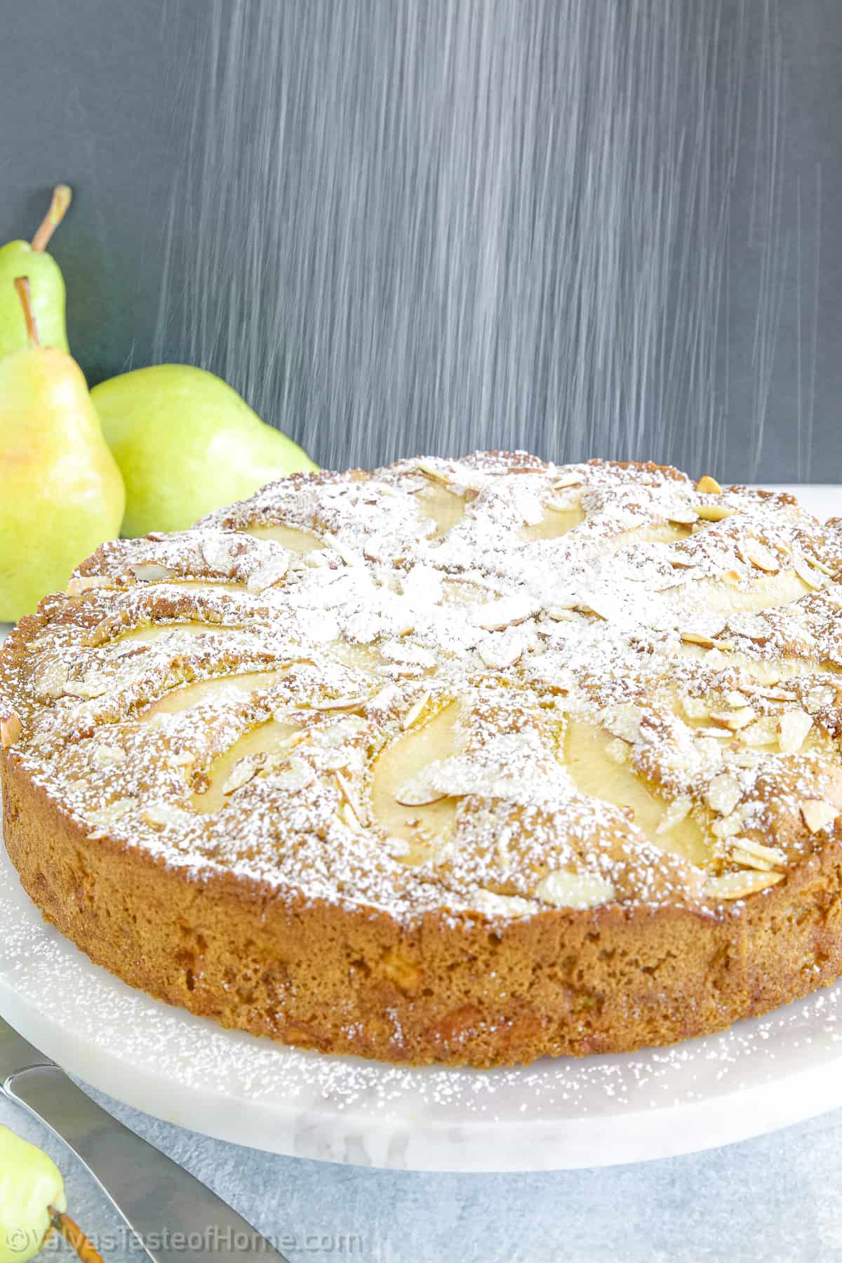 The addition of pears offers a pleasant fruity note, while the almond slivers on top add an extra layer of crunch.