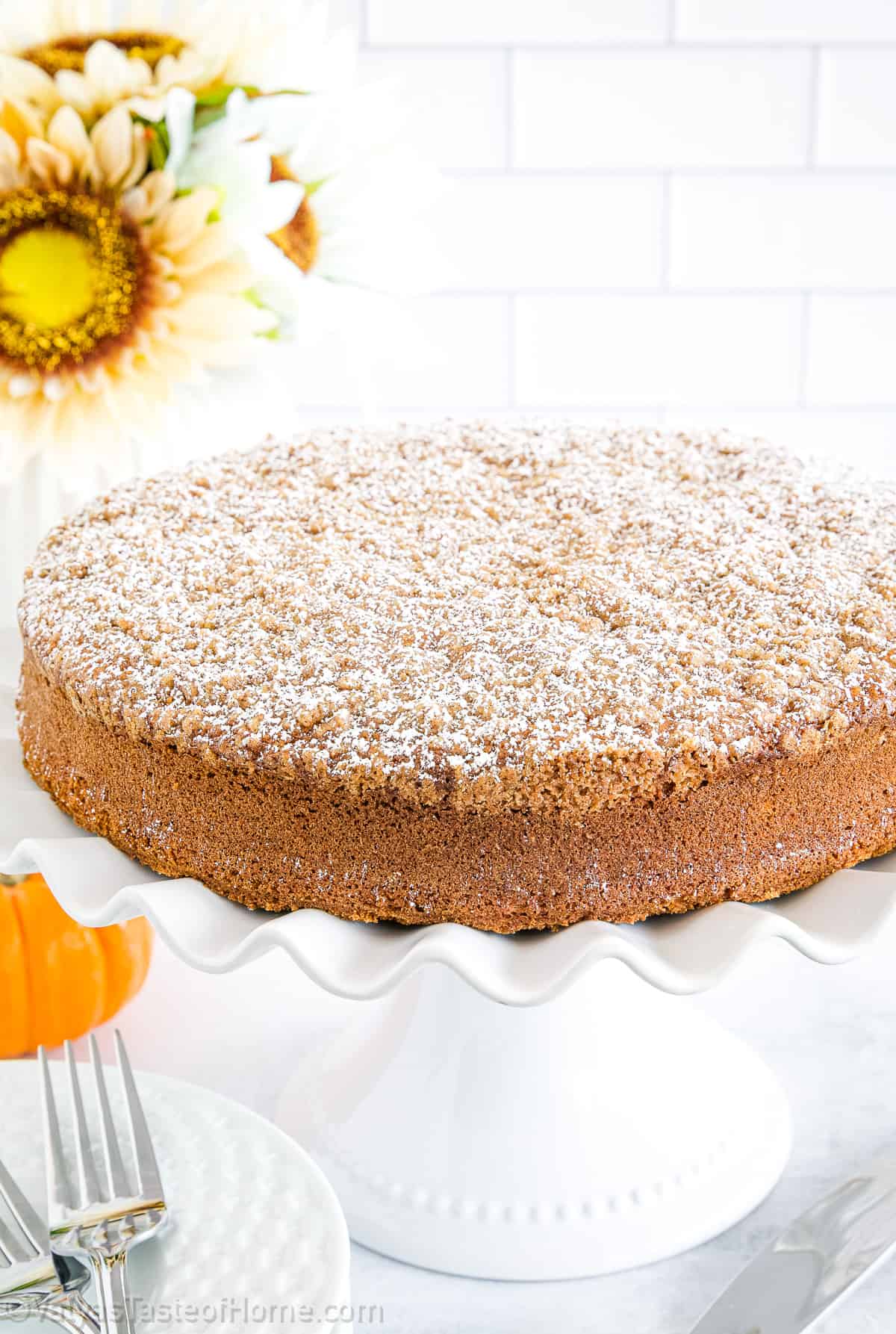 My pumpkin coffee cake is more than just a dessert, it’s an experience. Each bite takes you on a journey, from the sweet and spicy pumpkin pie filling, through the soft and moist cake, to the crunchy streusel topping. 